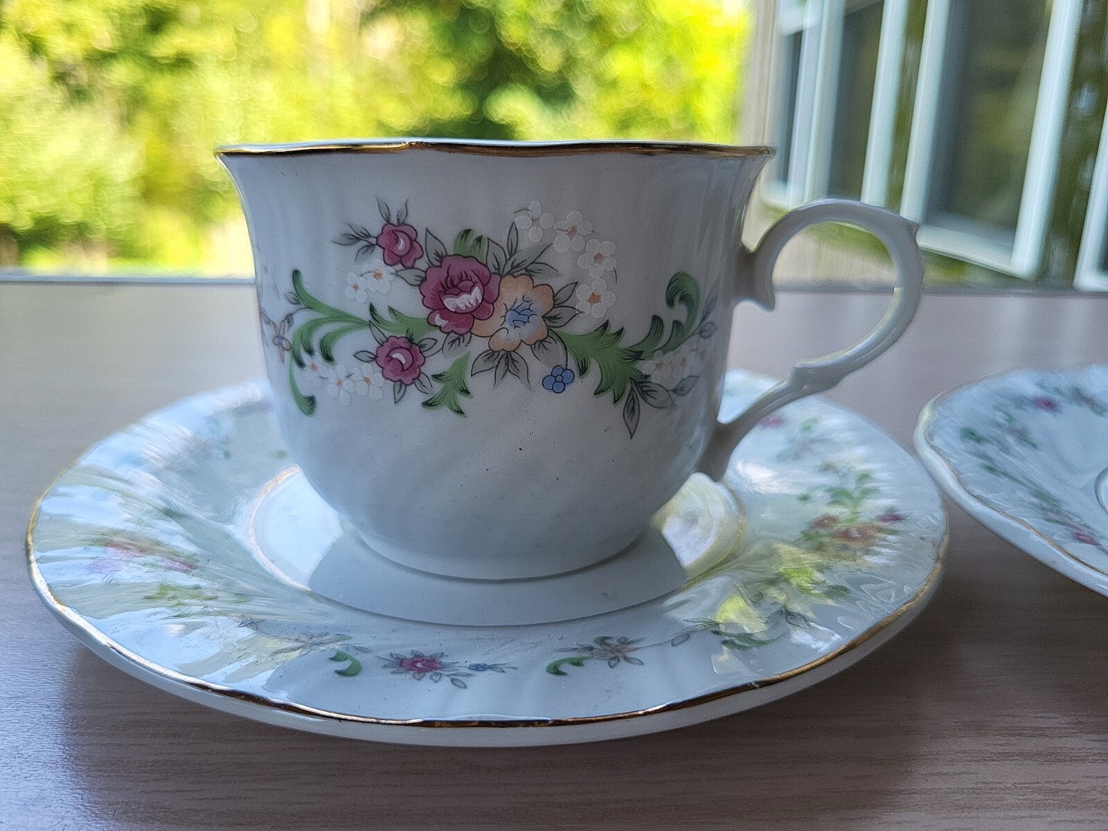 Lot of 2 Lynns Fine China Celestine Tea Cup and Saucer Sets Floral With