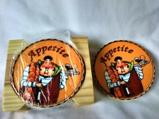 4 Ceramic Coasters Drink Coasters Italian Chef  Cork Back Non slip Wood Rack New