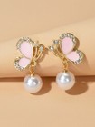 Colorful Enamel Rhinestone Pearl Decor Butterfly Drop Earrings Dainty Women Gift