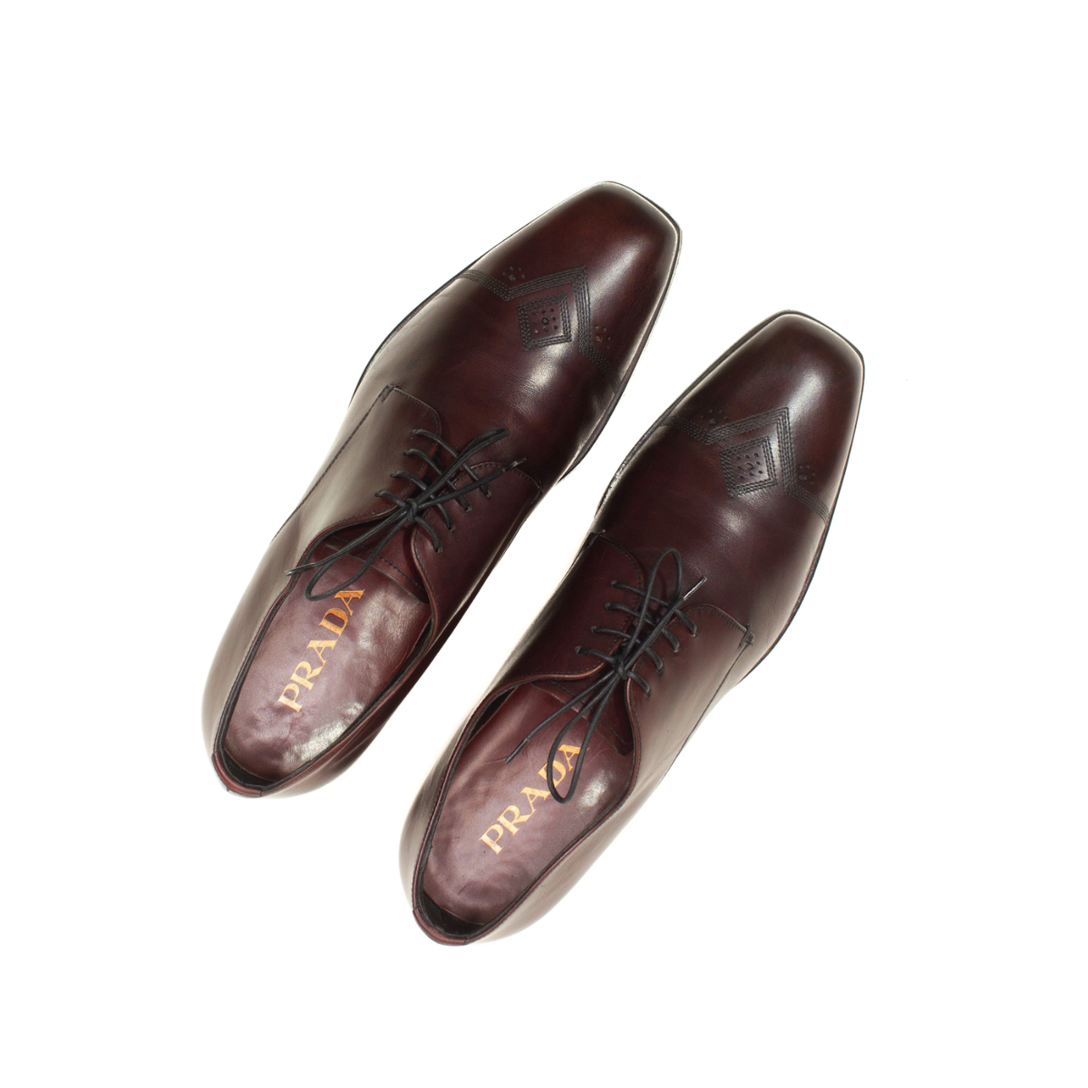 970$ Prada Square Toe Oxfords With Stiching In Brown Size: US 7.5