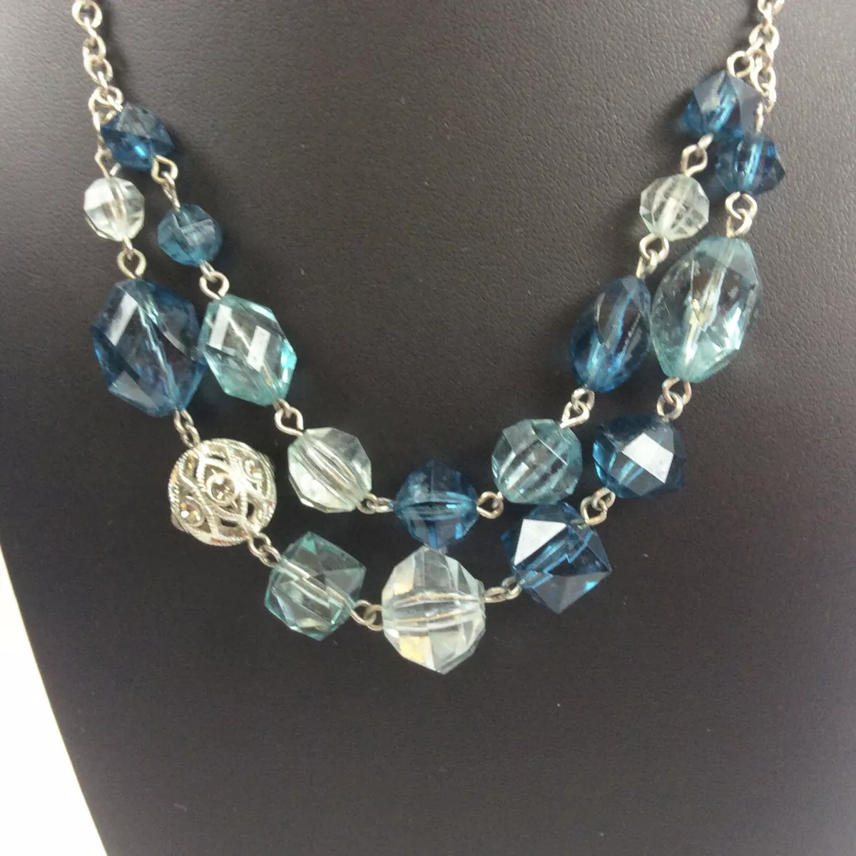 Vintage Napier Silver Blue Bead Necklace on Silver Tone Chain Two
