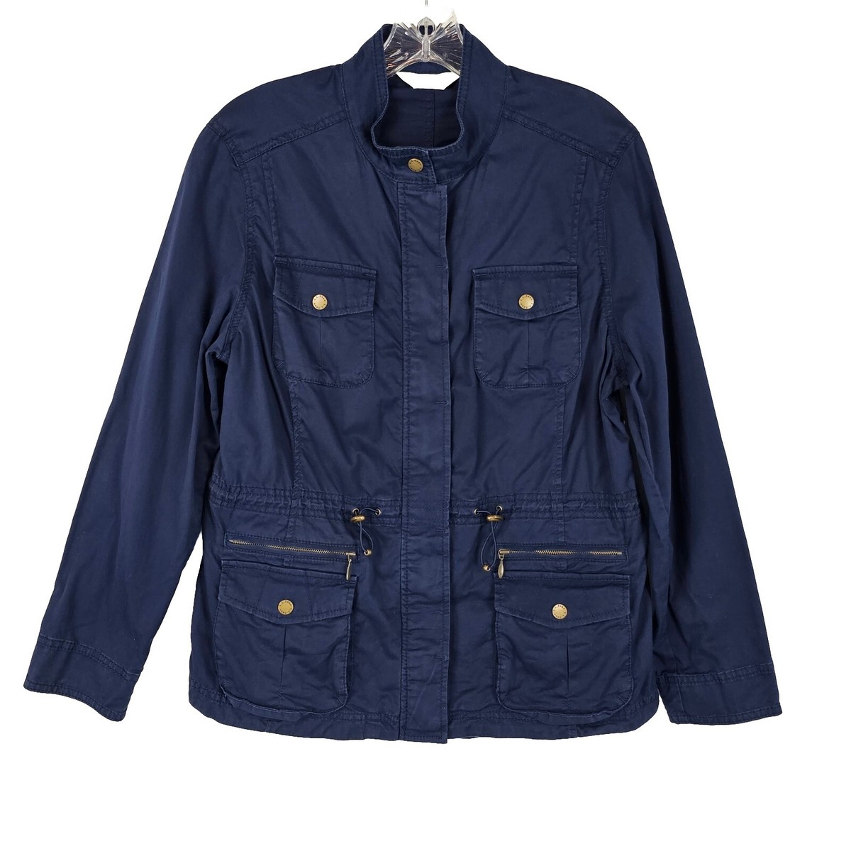 LL Bean Womens Military Style Jacket Size Medium Petite MP Blue Zip Front - Main Image