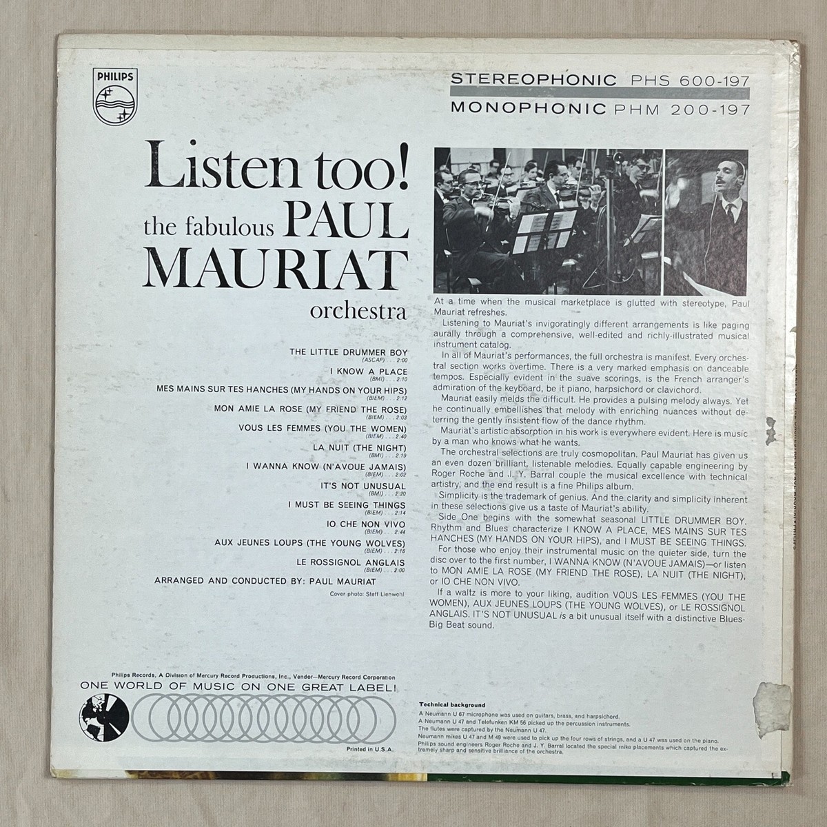 PAUL MAURIAT ORCHESTRA Listen Too! 1965 Vinyl LP Philips PHS 600