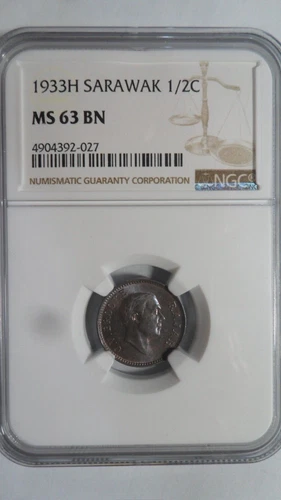 Sarawak Malaysia 1/2 Cent, 1933 H, NGC MS 63 BN