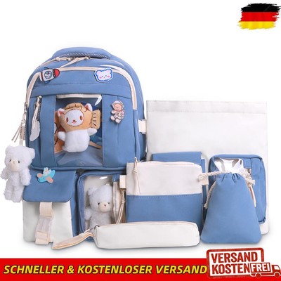 5pcs/set College Student Rucksack Simple School Backpack with Plush Pendant Pins