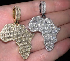 Mens Solid 925 Silver/14K Gold Plated Iced CZ Africa Continent Pendant Necklace