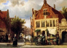Oil painting Cornelis-Springer-Street-scene cityscape with horse people market