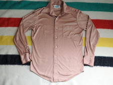 VTG 70s K-Mart Beige Brown Retro Disco Poly Pocket Button Dress Shirt Mens M