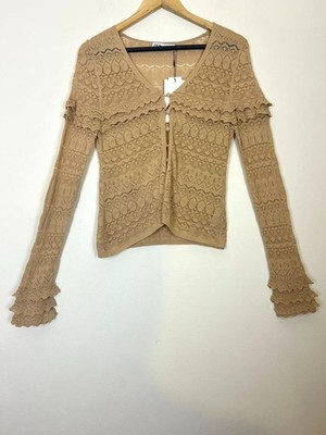 Neu Zara Woman Beige Strickjacke Pointelle Strick V-Ausschnitt Langarm Gr. M