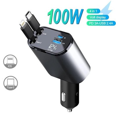 100W Auto Ladegerät USB-C Schnellladegerät Dual USB 4-in-1 mit LED Display