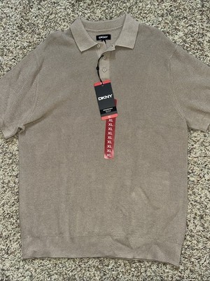 DKNY Mens Sweater Polo Shirt Short Sleeve Cotton Knit Cream Tan Size XL
