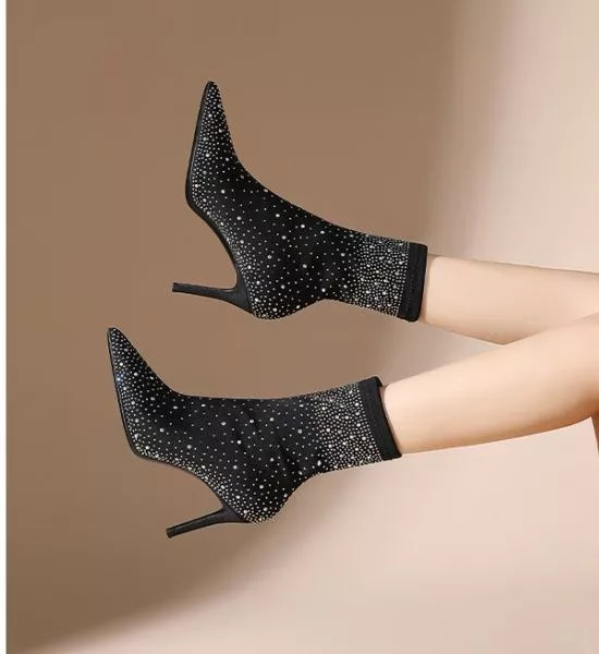 Botines Negros Con Strass Tacón 8 Cm Punta Elegante Ajustados Tobillo CF59615