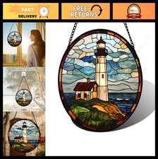 Ocean Lighthouse Stained Glass Window Hanging Suncatcher Decor - 7.8" Blue Green