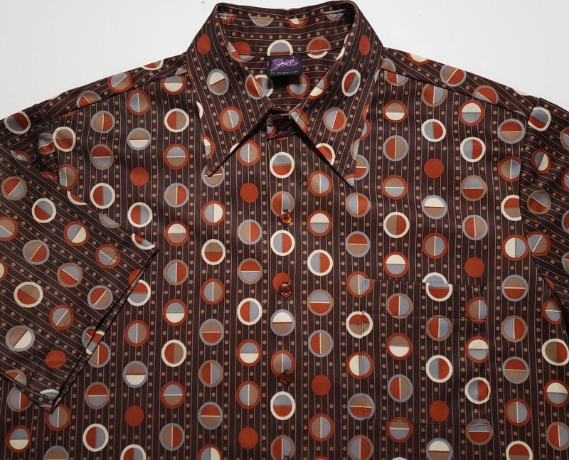 Vintage 1970s Joel Dark Brown Geometric Polyester Hippie Disco USA Large Shirt
