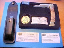 CUSTOM BUCK 110 KNIFE 120th ANNIVERSARY RAMS HORN HANDLE TIN COIN SHEATH