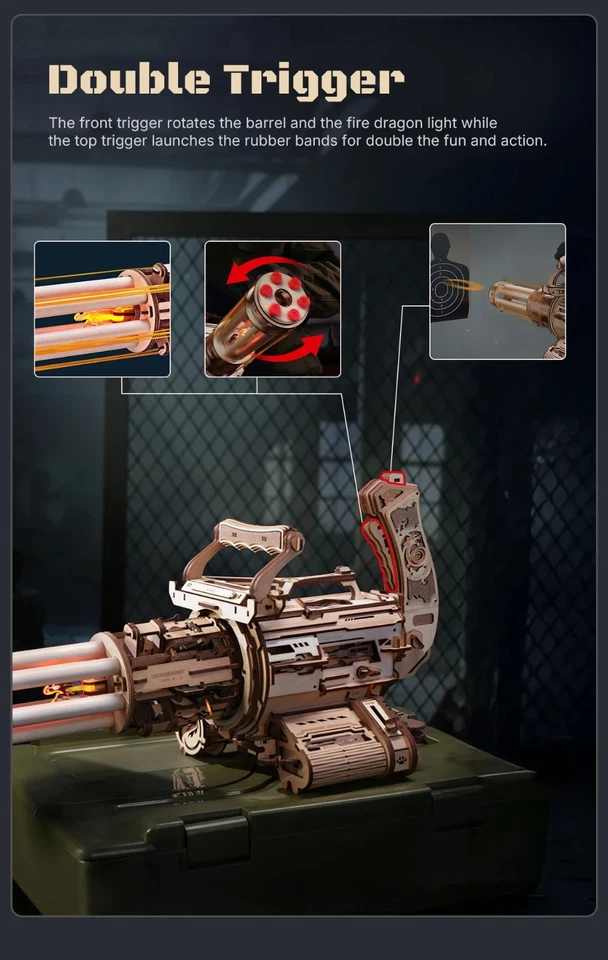 🔥 Quebra-cabeça de metralhadora de madeira ROKR 3D – cano rotativo, luz LED, brinquedo faça você mesmo - Imagem 3 de 4