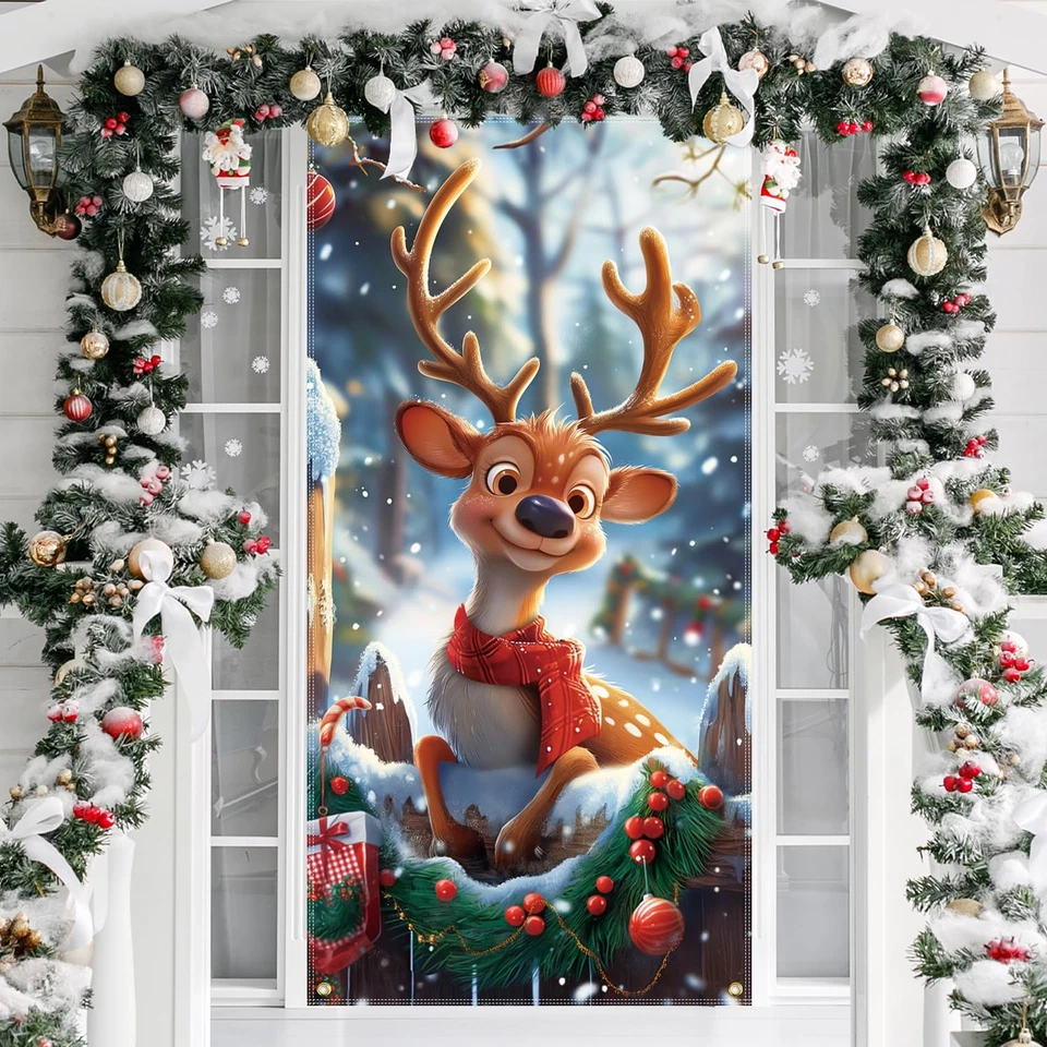 Cubierta de puerta de Navidad decoraciones de renos, 6 pies x 3 pies linda puerta de entrada decoración de Navidad... Foto 3 de 4