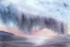 Original Art Painting Landscape CLOUDY SKY SEA Artwork Modern Seascape Gift A5