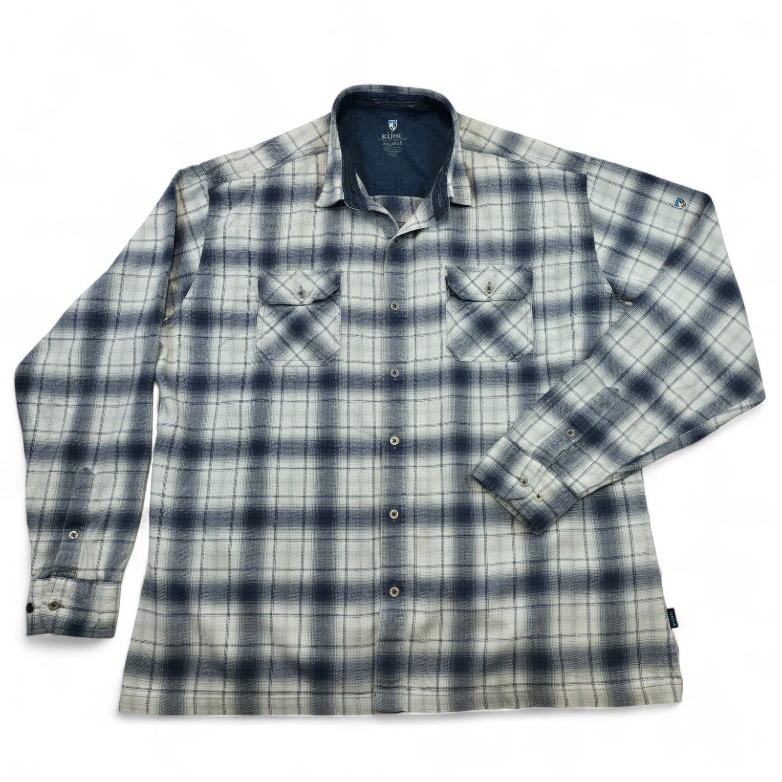 KÜHL Flannel Shirt XXL Gray Blue Plaid Long Sleeve Cotton Tencel Outdoor Hiking