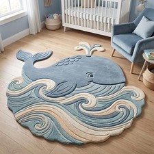 Modern Hand Tufted Rug Cute Whale Sea Wave Coastal Blue Kids Room Floor Mat Rug
