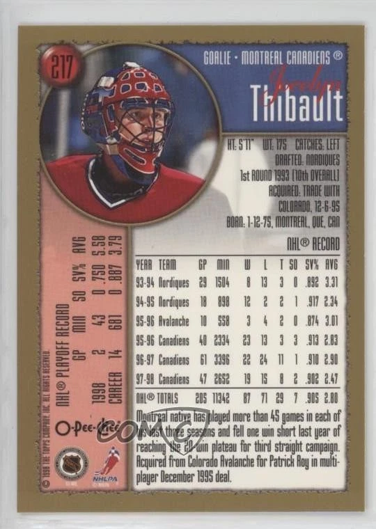 1998-99 Topps O-Pee-Chee Jocelyn Thibault #217 - Image 2 of 2