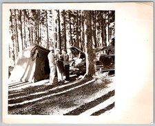 Vtg B&W Snapshot Outdoor Group Camping Forest Scene 1940s