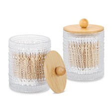 Tonxus Bathroom Qtip Holder Set,Glass Apothecary Jars with Lids,Bamboo Clear