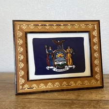 New York Framed Flag NY State Flag Excelsior Light Brown Wooden Frame 7.5 X 9.25