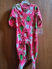 NWT Size 12M Carter's pink fleece Christmas sleeper Reindeer Santa Polar Bear