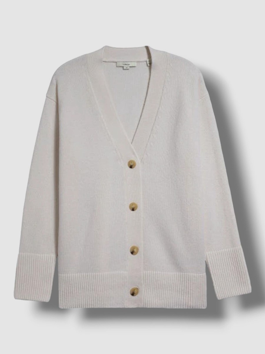$445 Vince Womens White Wool/Cashmere Ribbed V-Neck Cardigan