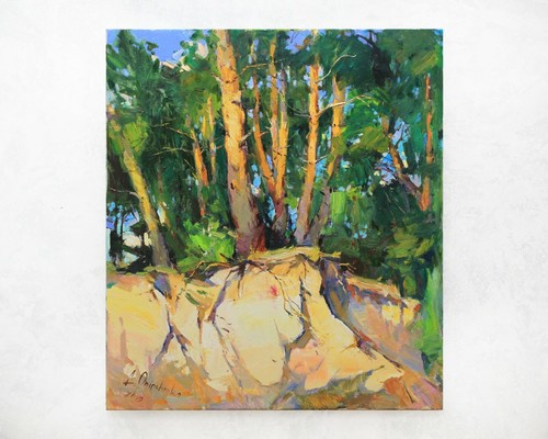 Pine forest trees painting IMPRESSIONISM Original Oil on canvas by A. Onipchenko