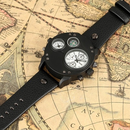 Oulm Men's Watches Black Leather Dual Time Zone Wristwatch Quartz Big Size Watch - Picture 7 of 9
