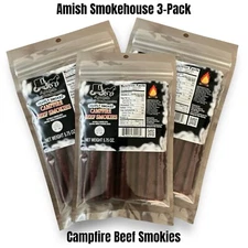 Amish Smokehouse Campfire Beef Sticks (3) 5.75oz Bagged Resealable Smokies,