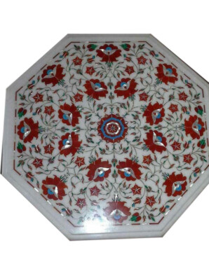 18'' Marble corner Table Top semi precious stones handmade Inlay art Home Decor