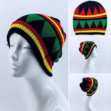 Black Beanie Hat with Rasta Design colors Red, Green and Yellow