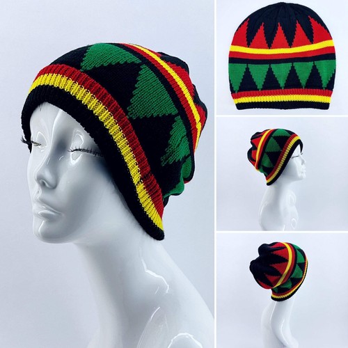 Black Beanie Hat with Rasta Design colors Red, Green and Yellow - Picture 1 of 5