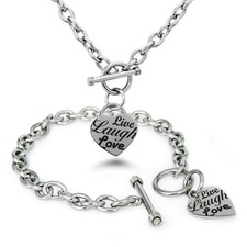 Stainless Steel Live Laugh Love Heart Charm Bracelet, Necklace, Set