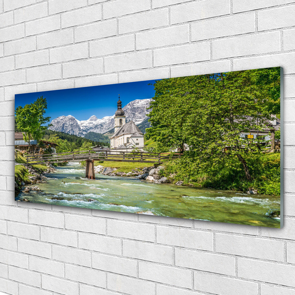 Tableau de décoration murale Plexiglas 125x50 cm paysage église pont lac arbre