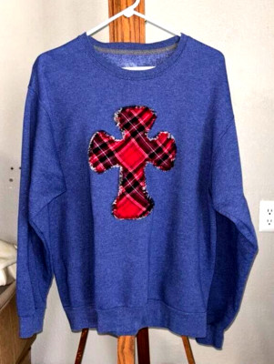 Christian Cross Sweatshirt Large Men's Women's Red Quilted Applique Boho Blue