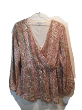 Ophelia Roe Women's Semi-Sheer Sleeve Faux Cross-Over Double Layered Top Size 2X