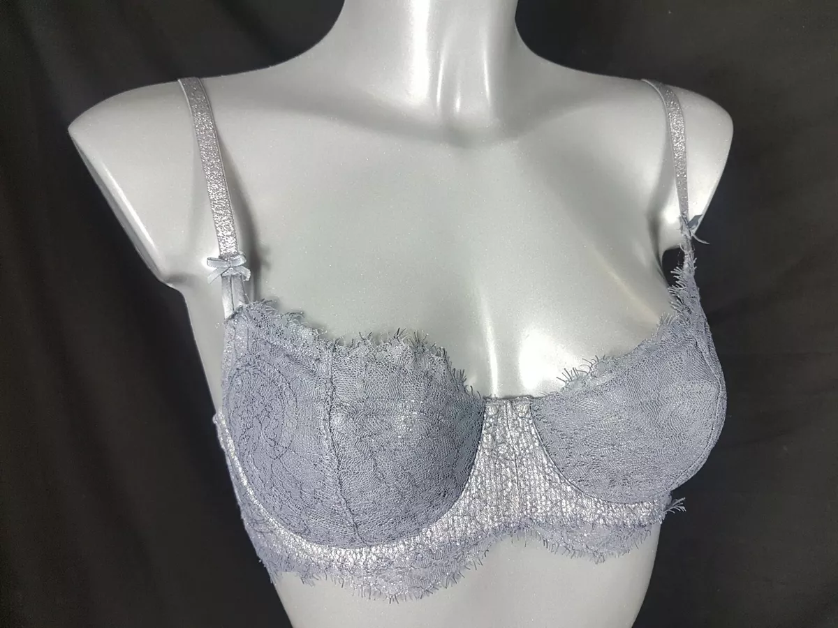 Victoria Secret 2 Way Bra GREY Silver Thread Lace Bra 32D E70 Underwired  B323-2