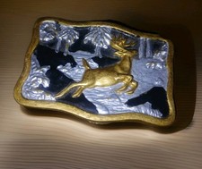 Vintage 1983 BTS Solid Brass Belt Buckle Whitetail Buck Deer in Forest USA Made