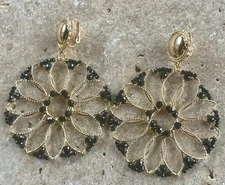 3.25” Long Black Bead Round Hoop Gold Earrings Flower Dangle  CLIP ON