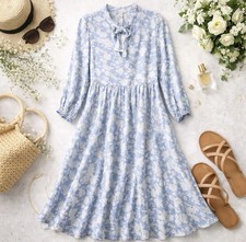 Free Assembly Dress Womens The Tie Neck Swing Dress Light Blue White Size XS