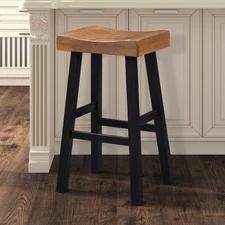 Traditional Solid Wooden Stool Set of 2pc, Contour Seat Oak / Black 29"H