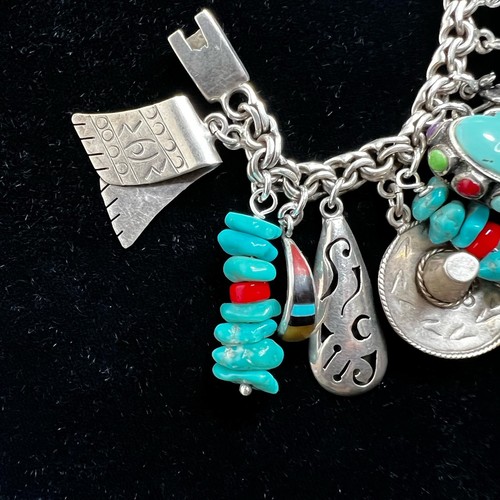 Vintage Southwest Sterling 925 Silver Kokopelli Turquoise Charm Bracelet 81.6 G - Picture 2 of 19