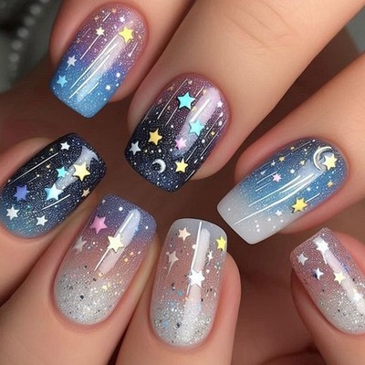 24pcs Medium Square On Nail Moon Star Glossy Designs False Nail for Women