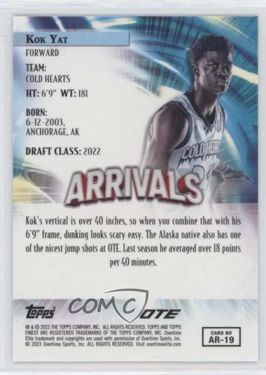 2022-23 Topps Finest OTE Overtime Elite Finest Arrivals Kok Yat #AR-19 - Image 2 of 2