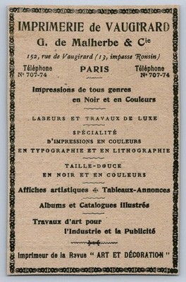 1895 G. de Malherbe Imprimerie de Luxe Pub Ancienne Paris Vaugirard Drucker 75