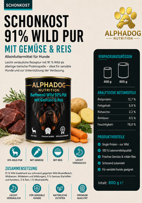 Alphadog Nutrition Premium Sensitiv 91% Wild mit Gemüse & Reis - Verdauung